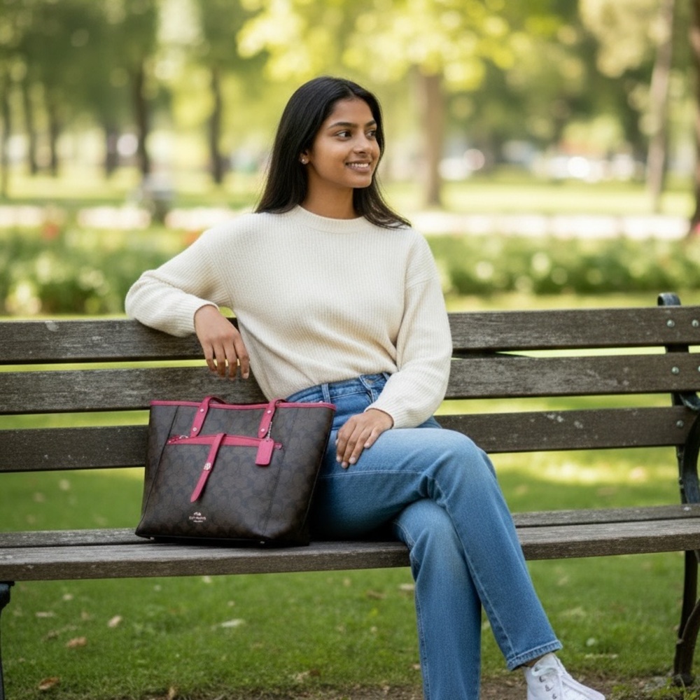 Coach City Tote with Pouch Signature C with Pink Trim 2016
